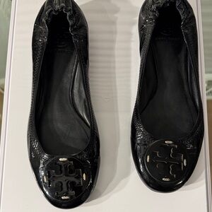 Tory Burch Black Leather Flats with Logo Accent